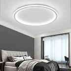 Round LED flush mount ceiling light with white outer ring emitting soft light
