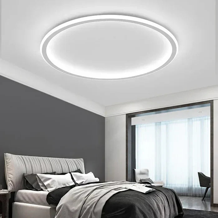 Round LED flush mount ceiling light with white outer ring emitting soft light