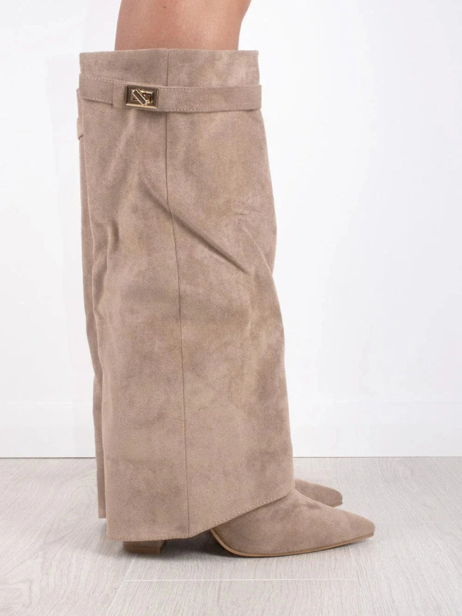 Beige suede knee-high boots with wide top band, gold buckle detail