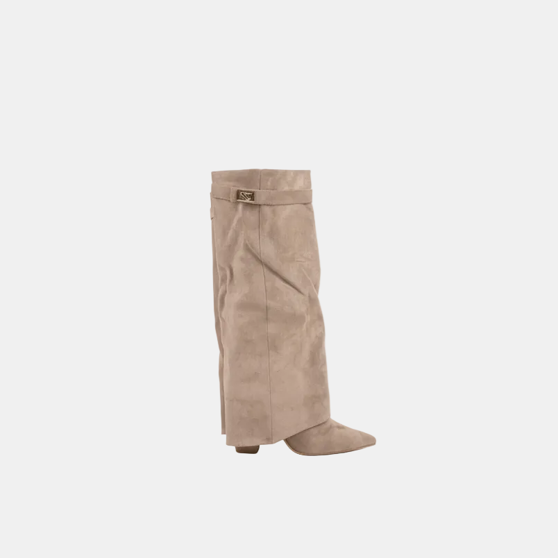 Knee High Flared Shark Boots with Pointed Toe and Block Heel