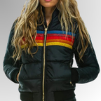Women’s quilted puffer jacket with zip, black with multicolor stripe and gold hardware.