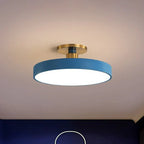 Round flush-mount LED ceiling lamp, blue shade with gold base, white light panel