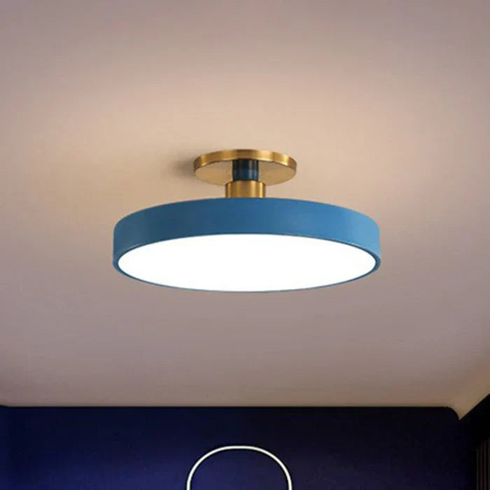 Round flush-mount LED ceiling lamp, blue shade with gold base, white light panel