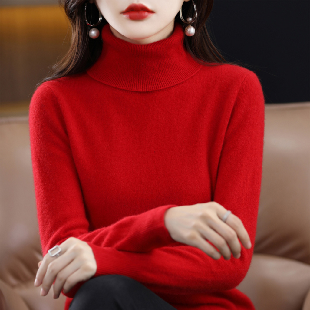 Women's cashmere turtleneck sweater in red, long sleeves, ribbed neckline and cuffs.