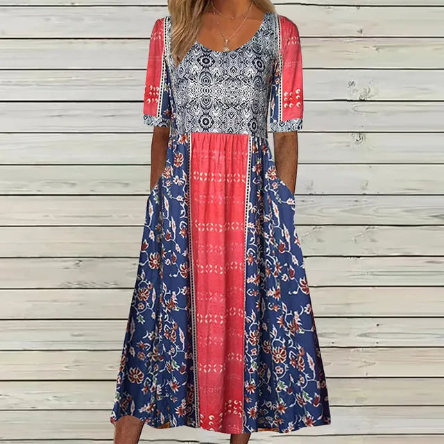 Boho print midi dress with short sleeves and vertical color-blocked bodice panel