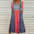 Boho print midi dress with short sleeves and vertical color-blocked bodice panel