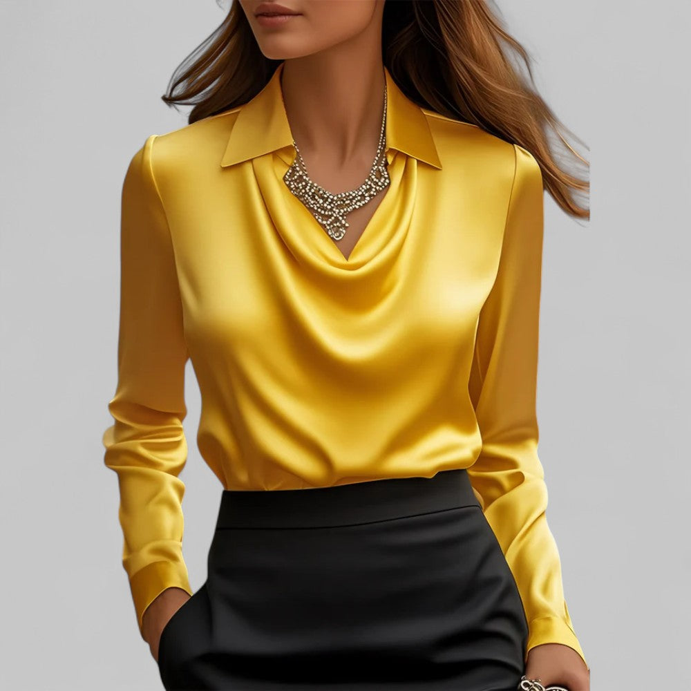 Silk blouse with draped V-neck and tailored fit, satin sheen, long sleeves, yellow