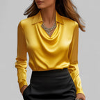 Silk blouse with draped V-neck and tailored fit, satin sheen, long sleeves, yellow