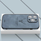 Genuine leather iPhone case with deer engraving, light blue, camera cutouts, shockproof edge
