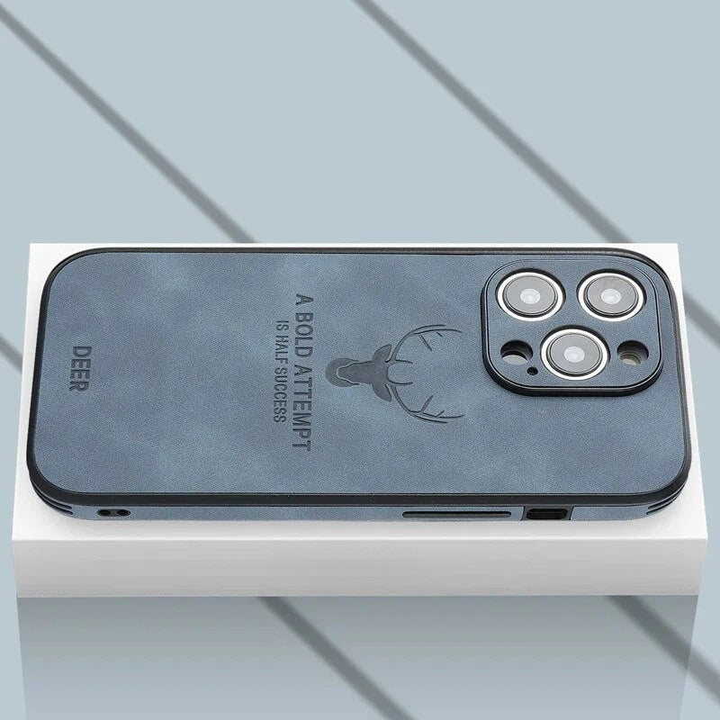 Genuine leather iPhone case with deer engraving, light blue, camera cutouts, shockproof edge