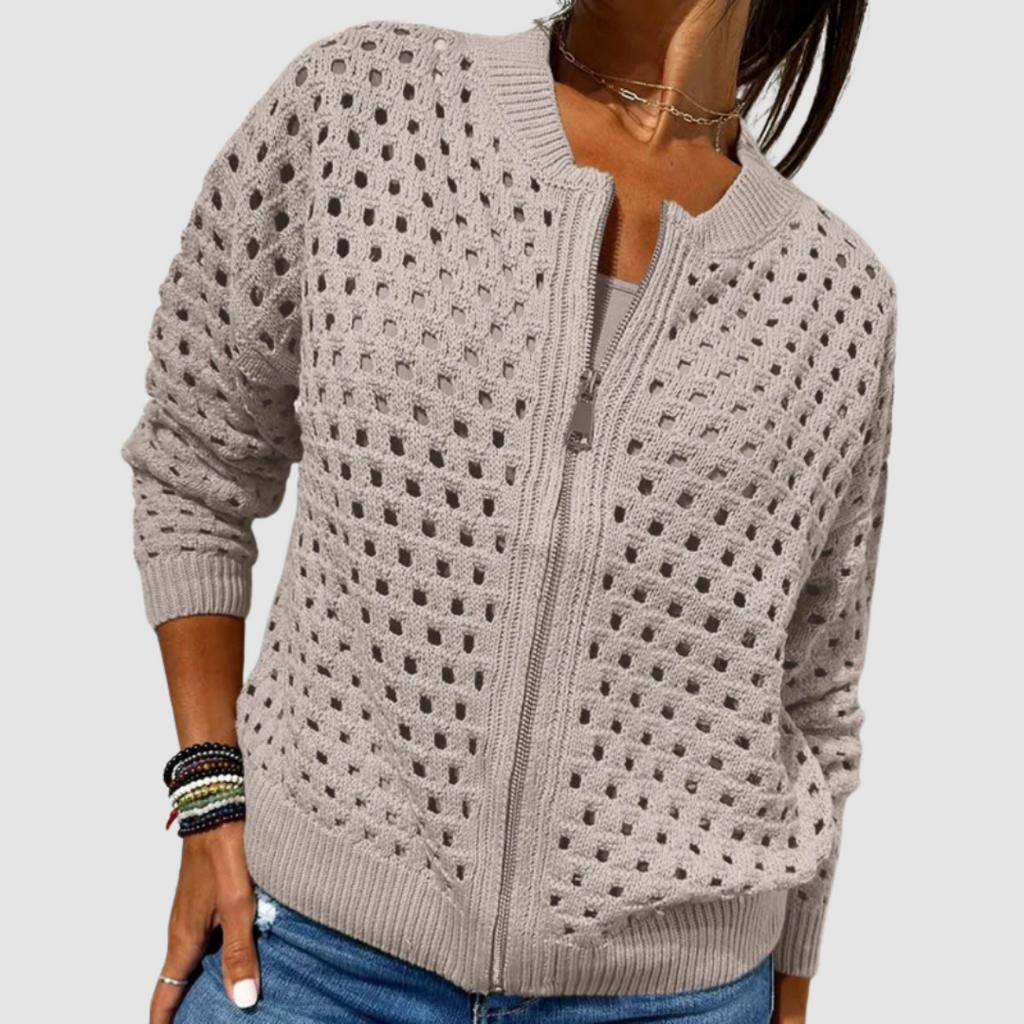 Lightweight open-knit full-zip cardigan in light beige with zip front and ribbed hem