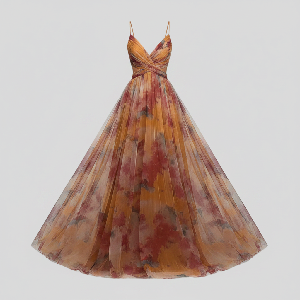 Floral maxi dress with ruffled straps and square neckline, orange-red floral print maxi skirt.