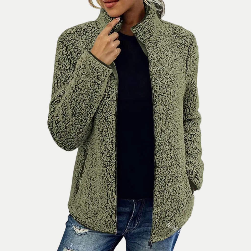 Green textured fleece full-zip jacket with stand collar and long sleeves