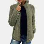 Green textured fleece full-zip jacket with stand collar and long sleeves