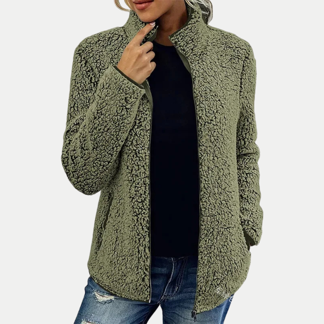 Green textured fleece full-zip jacket with stand collar and long sleeves
