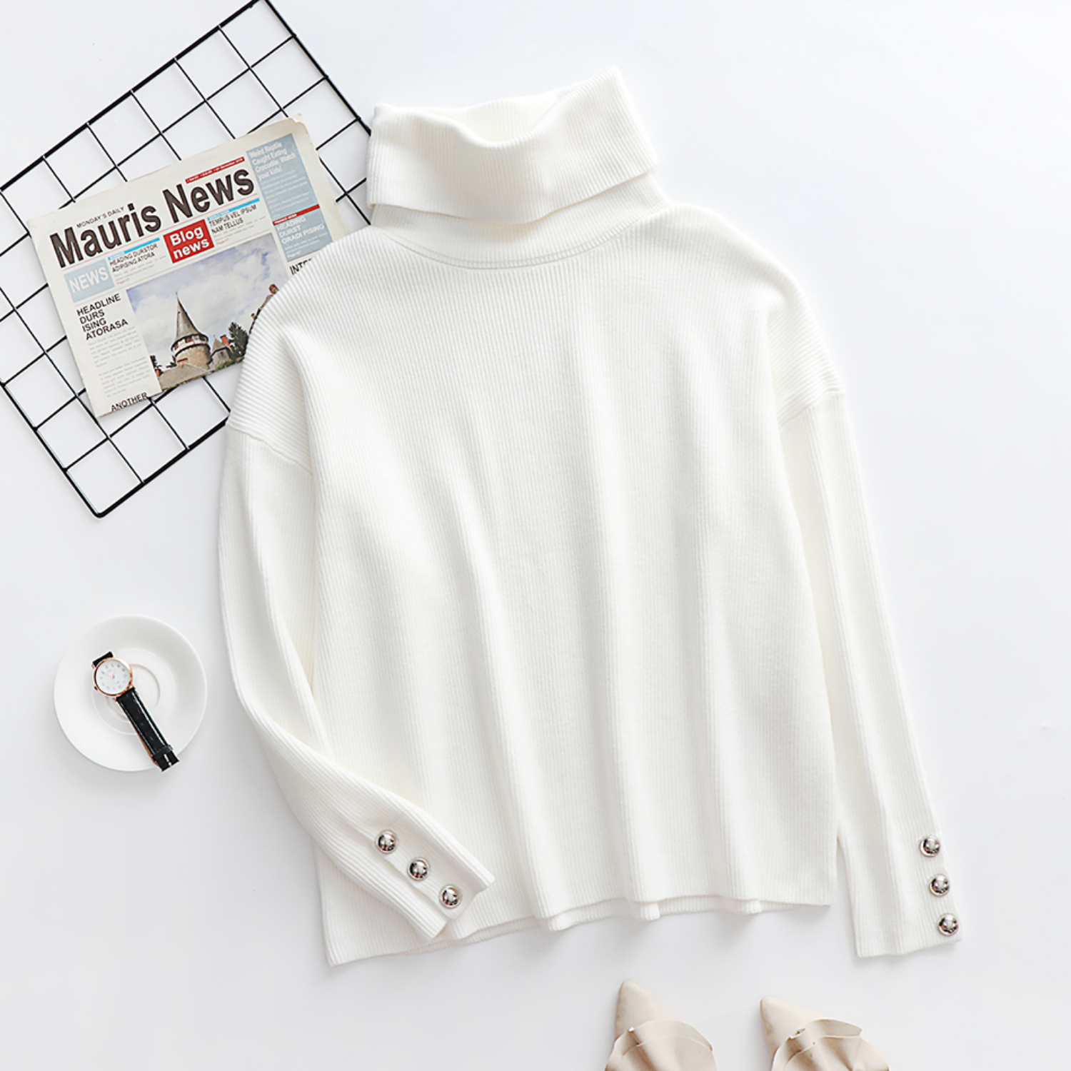 Women's Turtleneck Sweater Silver Button Sleeves | Cozy Fall Fashion