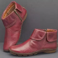 Women’s vintage-style ankle boots, burgundy with contrast light stitching and side zipper.