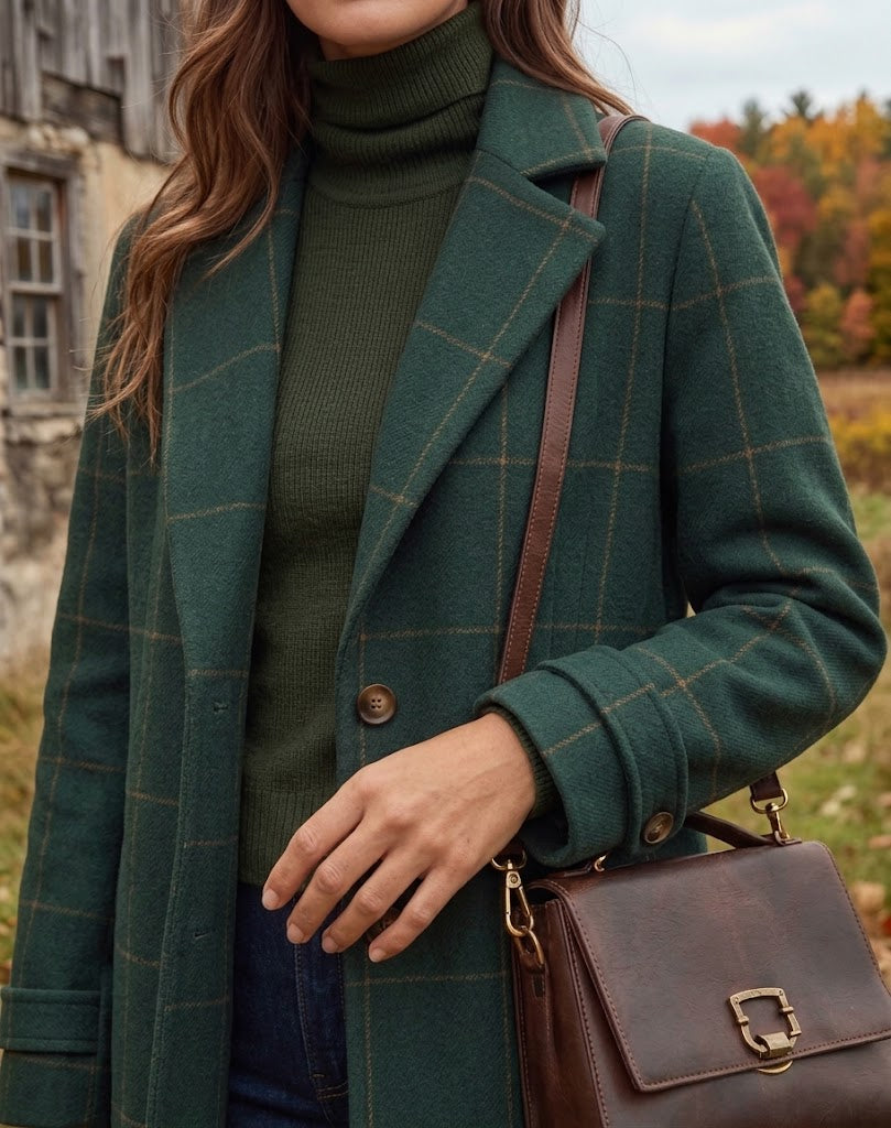 Women’s plaid wool-blend overcoat, green check, notched lapel, button front, long sleeves