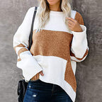Women’s striped colorblock sweater, brown and white stripes, long sleeves