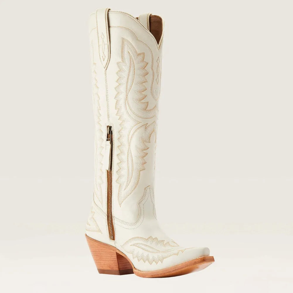 Cream western cowboy boot with ornate embroidery, pull tab, and wood-tone heel
