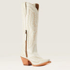 Cream western cowboy boot with ornate embroidery, pull tab, and wood-tone heel