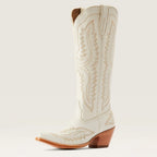 Light western cowboy boot with stitched embroidery, side zip, and brown heel