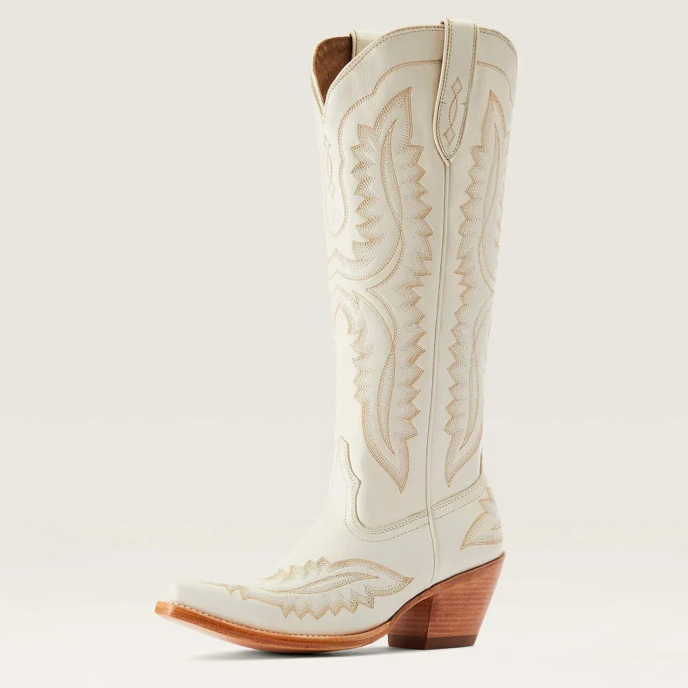 Light western cowboy boot with stitched embroidery, side zip, and brown heel