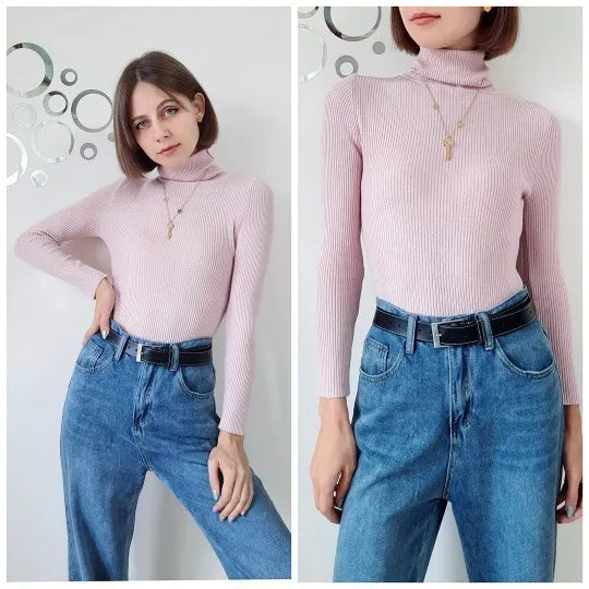 Light pink ribbed long-sleeve turtleneck sweater