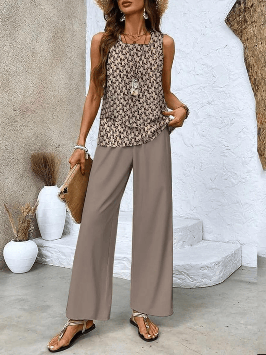 Taupe wide-leg trousers with sleeveless patterned top in brown and black tones