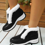 Women’s ankle platform boots in black with white faux-fur trim and thick cushioned sole.