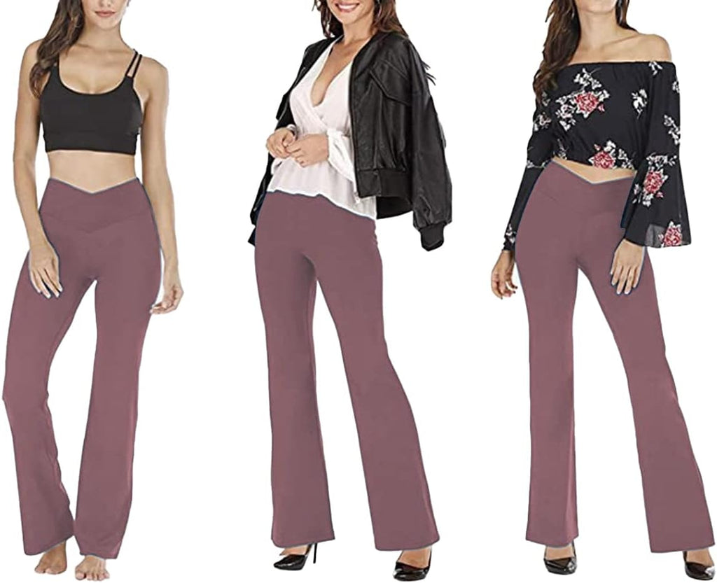Women’s high-waisted flared yoga leggings in mauve, multiple views