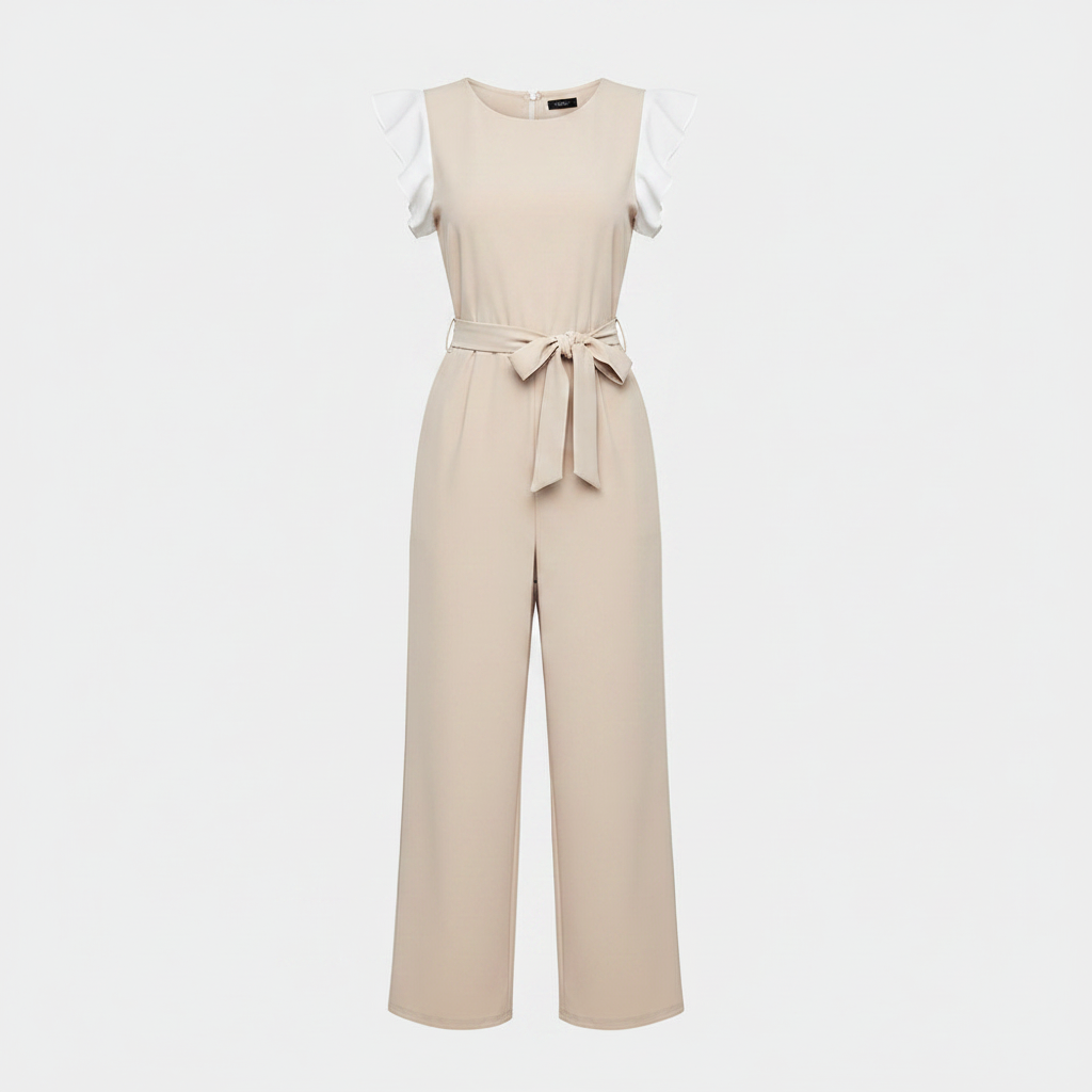 Beige wide-leg jumpsuit with flutter sleeves and tied waist belt, front view