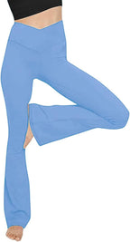 Sky blue high-waist yoga leggings with V-shaped waist and flared bootcut legs