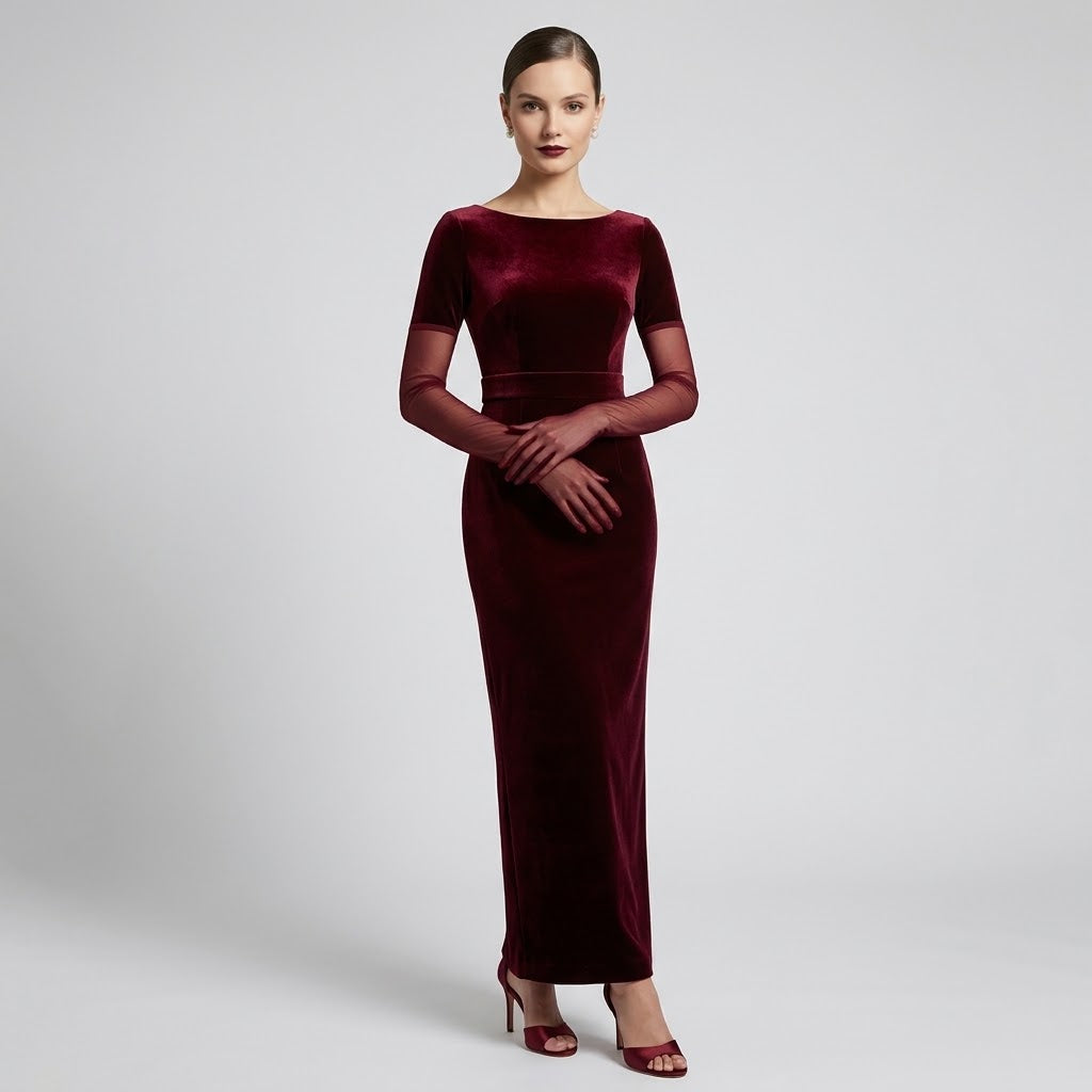 Sheer mesh elbow-length gloves, wine red
