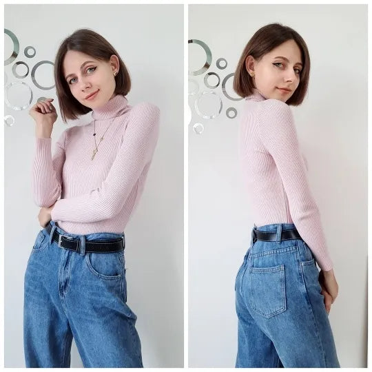 Blush pink ribbed long-sleeve turtleneck sweater