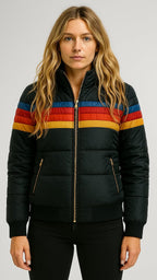 Waterproof rain coat with zip front, striped chest bands, hoodless padded jacket, dark base