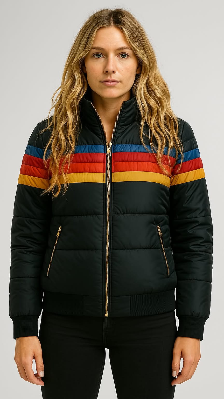 Waterproof rain coat with zip front, striped chest bands, hoodless padded jacket, dark base