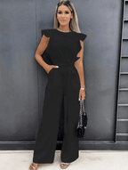 Black wide-leg jumpsuit with flutter sleeves and waist-tie belt, front view