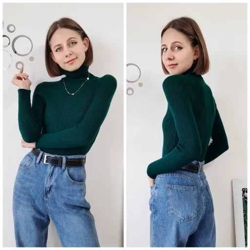 Dark green ribbed long-sleeve turtleneck sweater with high neck