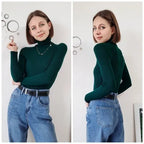 Dark green ribbed long-sleeve turtleneck sweater with high neck