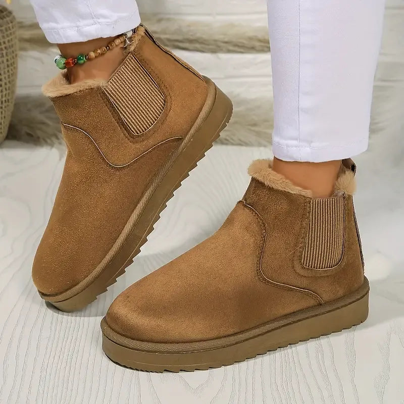 Brown suede low-cut slip-on boots with side elastic and faux-fur trim