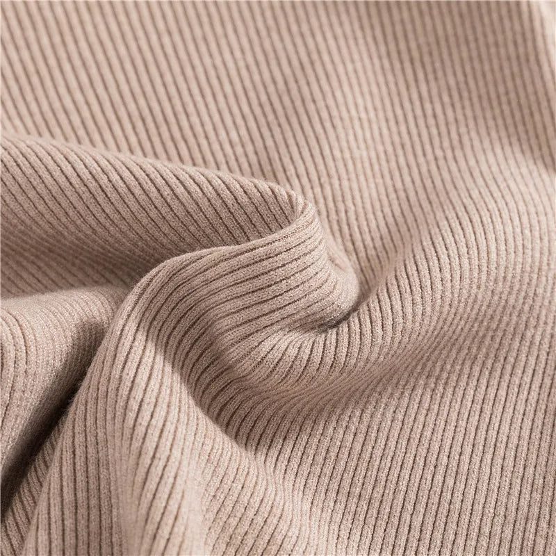 Taupe ribbed knit turtleneck sweater, folded collar and textured fabric