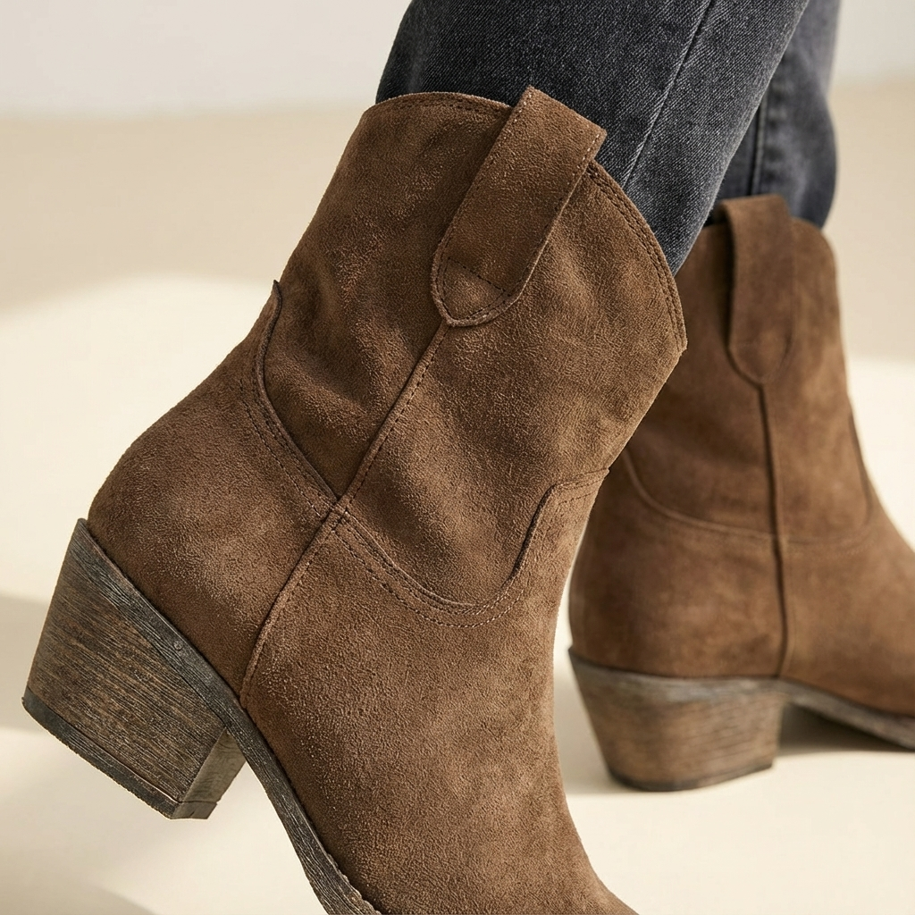 Brown suede ankle boots with pointed toe and block heel, side pull tabs