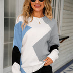 Women’s patchwork sweater with round neck, light gray with white and blue color-blocking