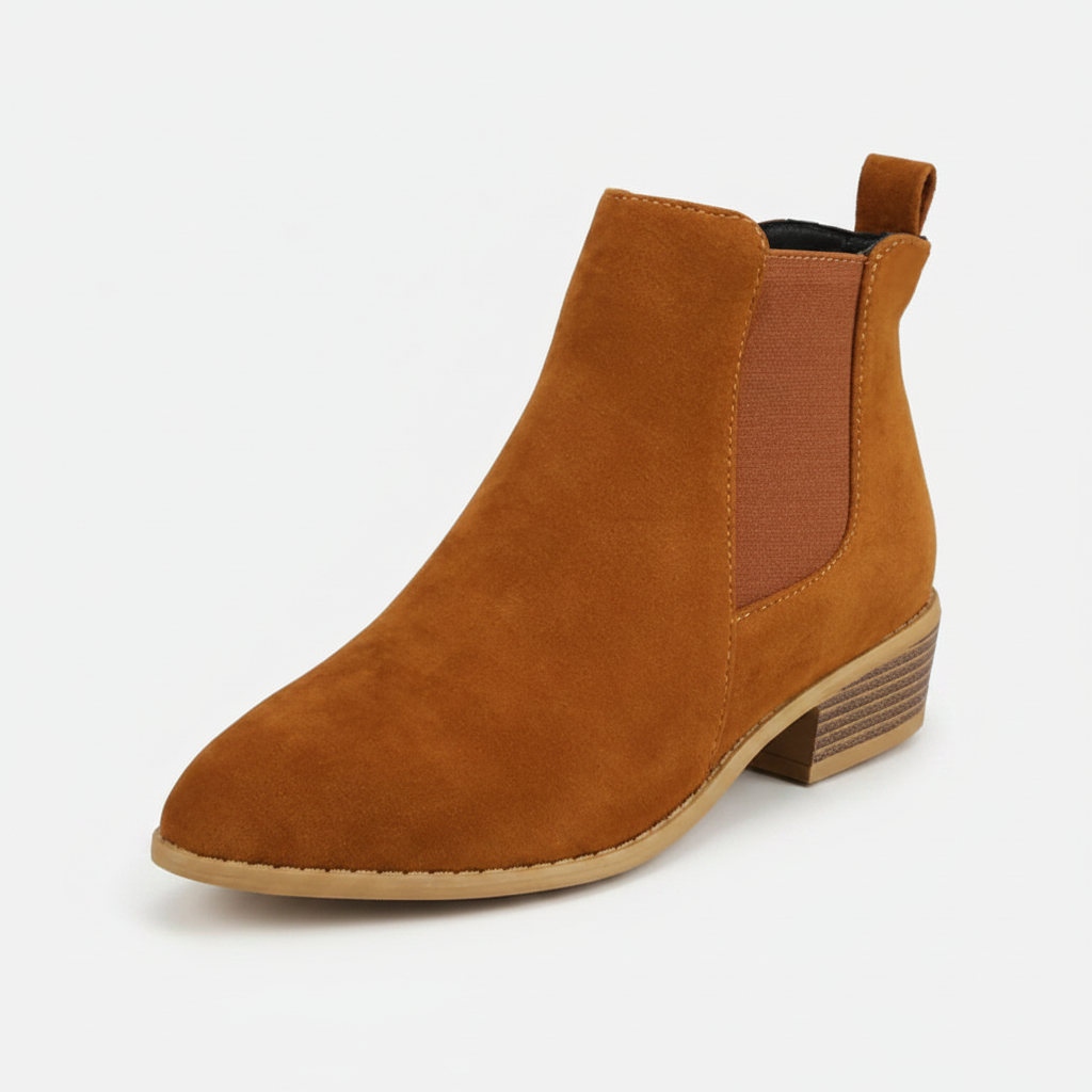 Tan brown suede ankle boots with elastic side panels and low stacked heel