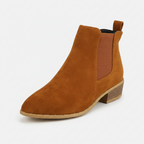 Tan brown suede ankle boots with elastic side panels and low stacked heel