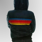 Waterproof rain coat back view with hood and striped band across upper back, dark padded fabric