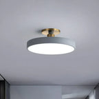 Round flush-mount LED ceiling lamp, gray shade with gold base and wide white glow