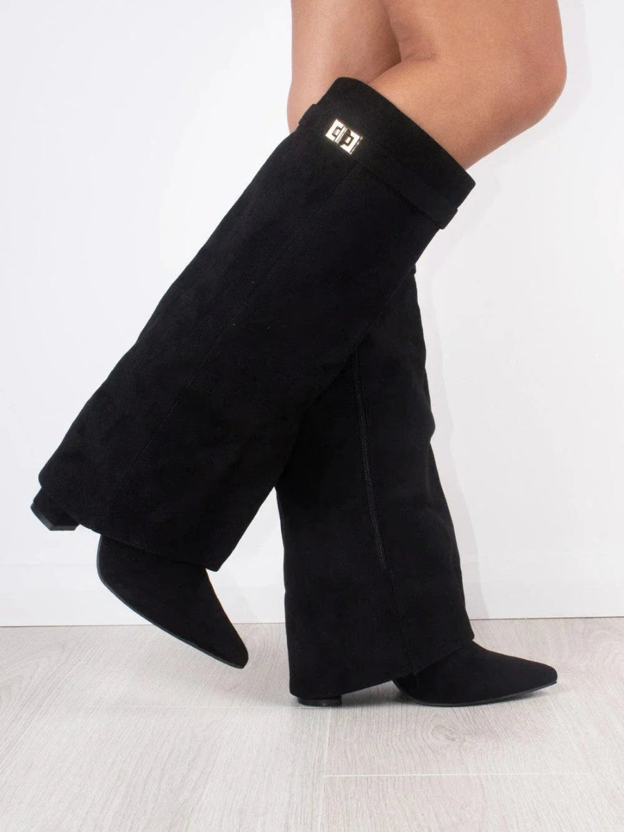 Black suede knee-high boots with wide flare cuff, gold buckle, block heel