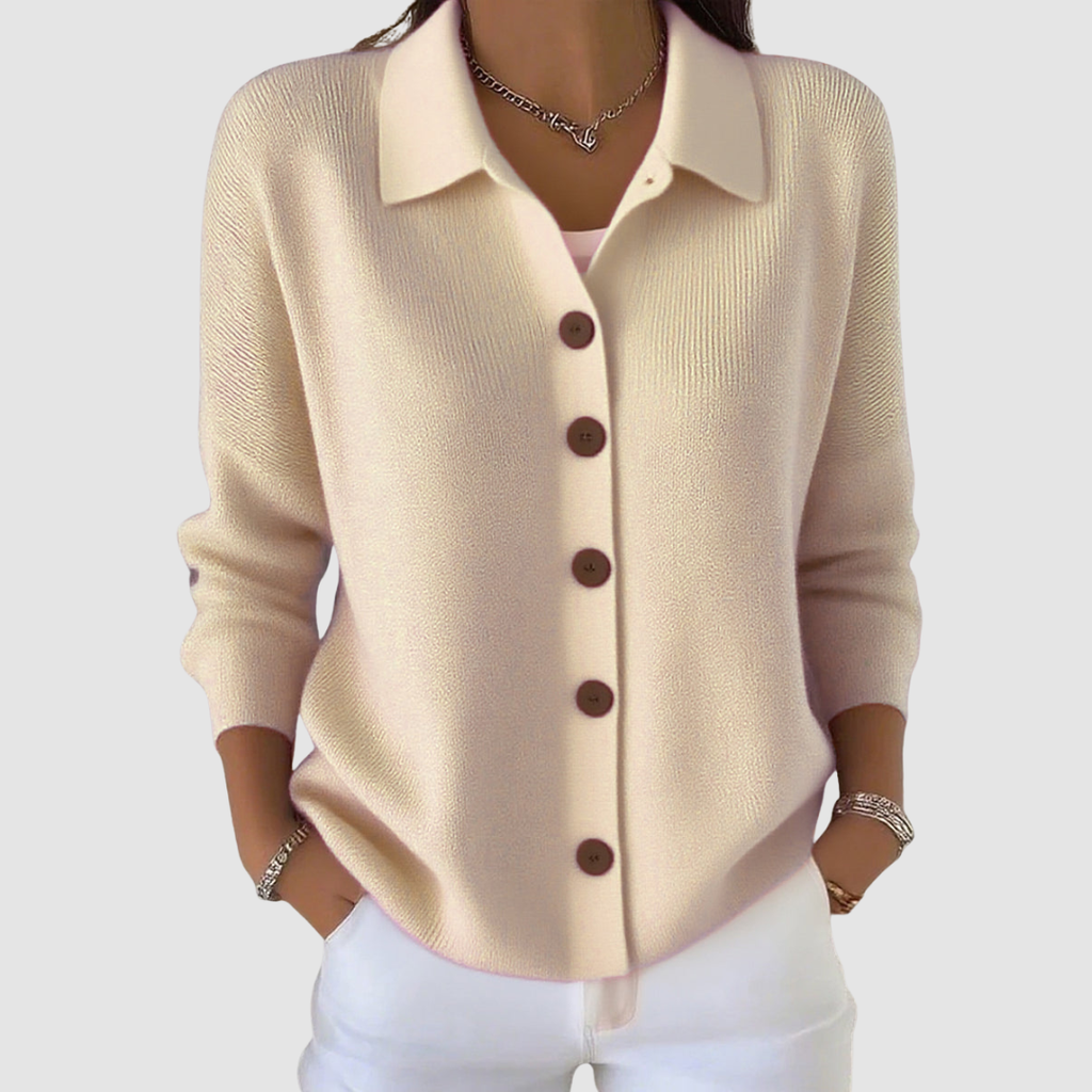 Women’s button-up V-neck knit cardigan with lapel collar, long sleeves, cream